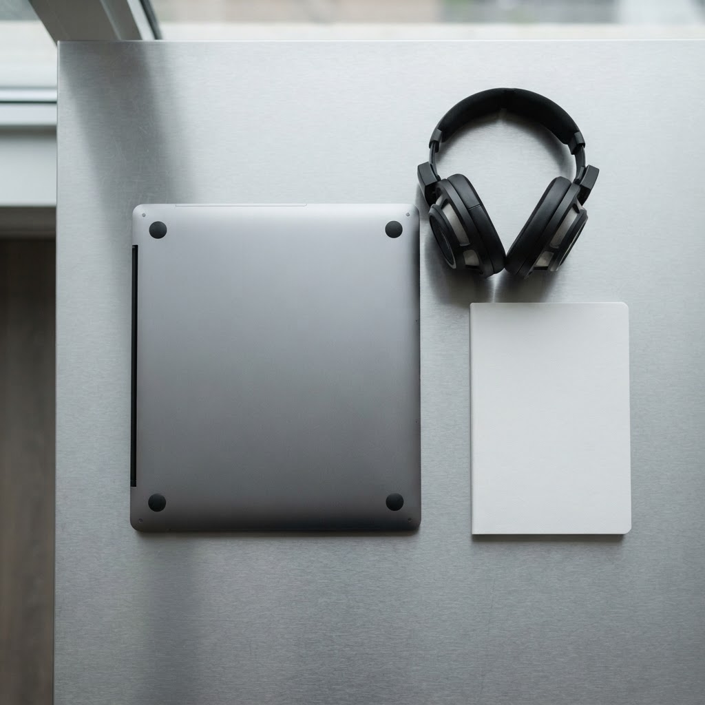 Minimalist workstation with laptop and notebook on desk