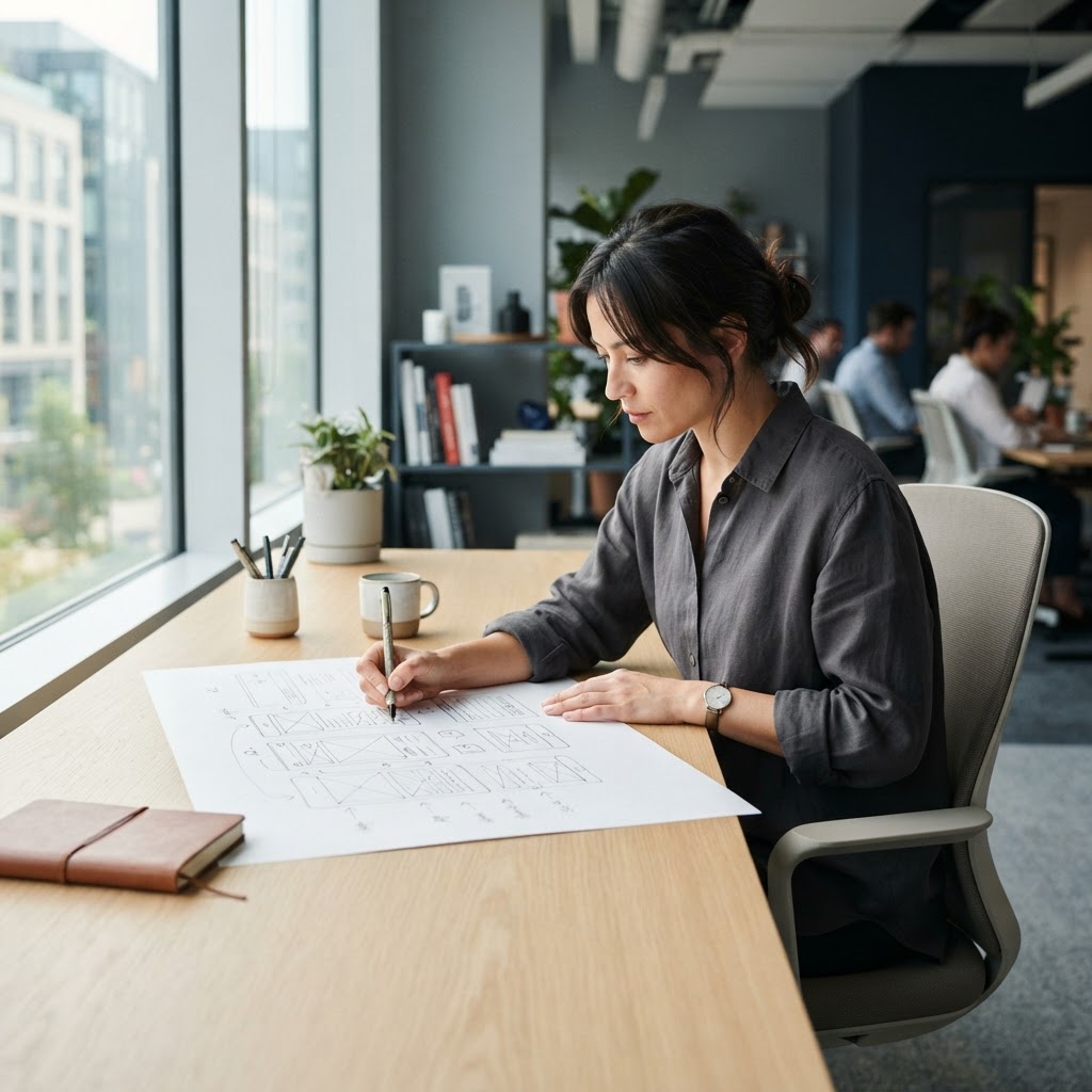 Product designer sketching low fidelity wireframe prototypes