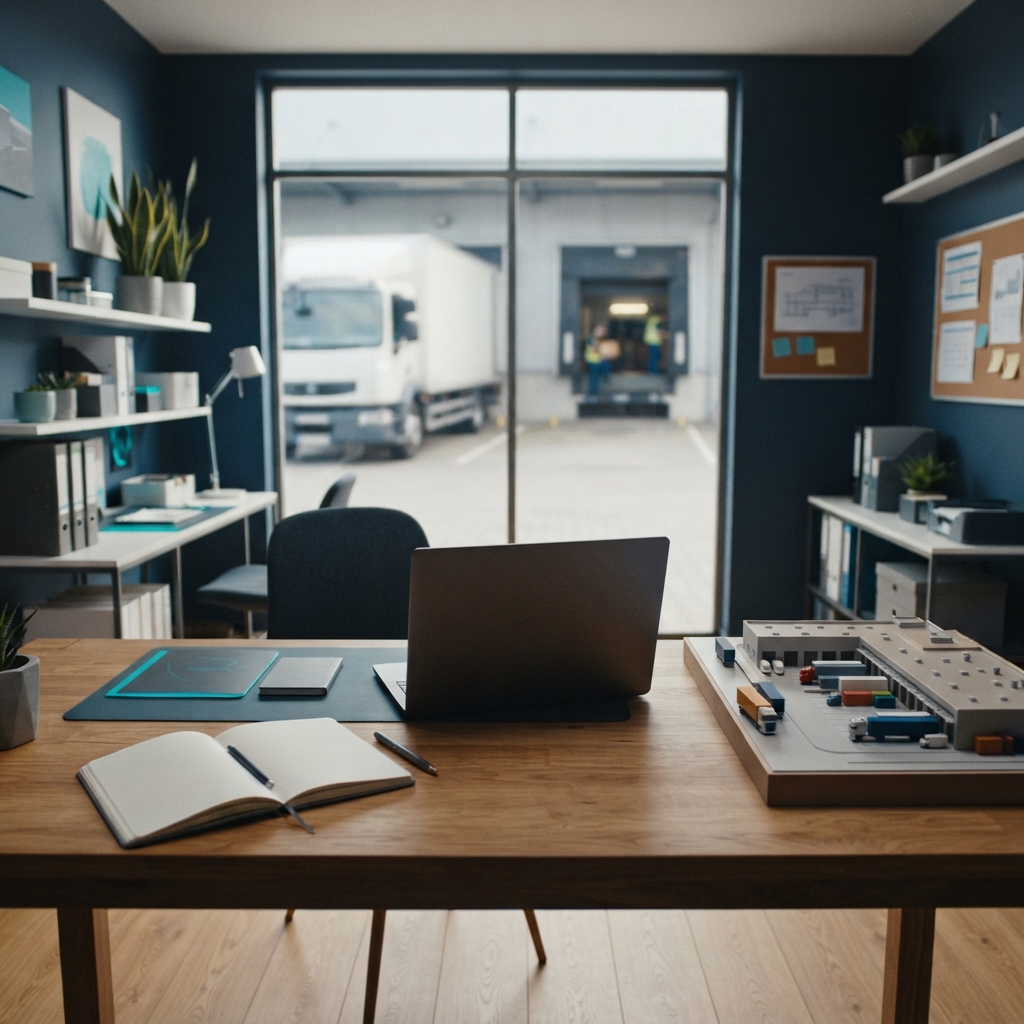 Minimalist office workspace overlooking a logistics loading area