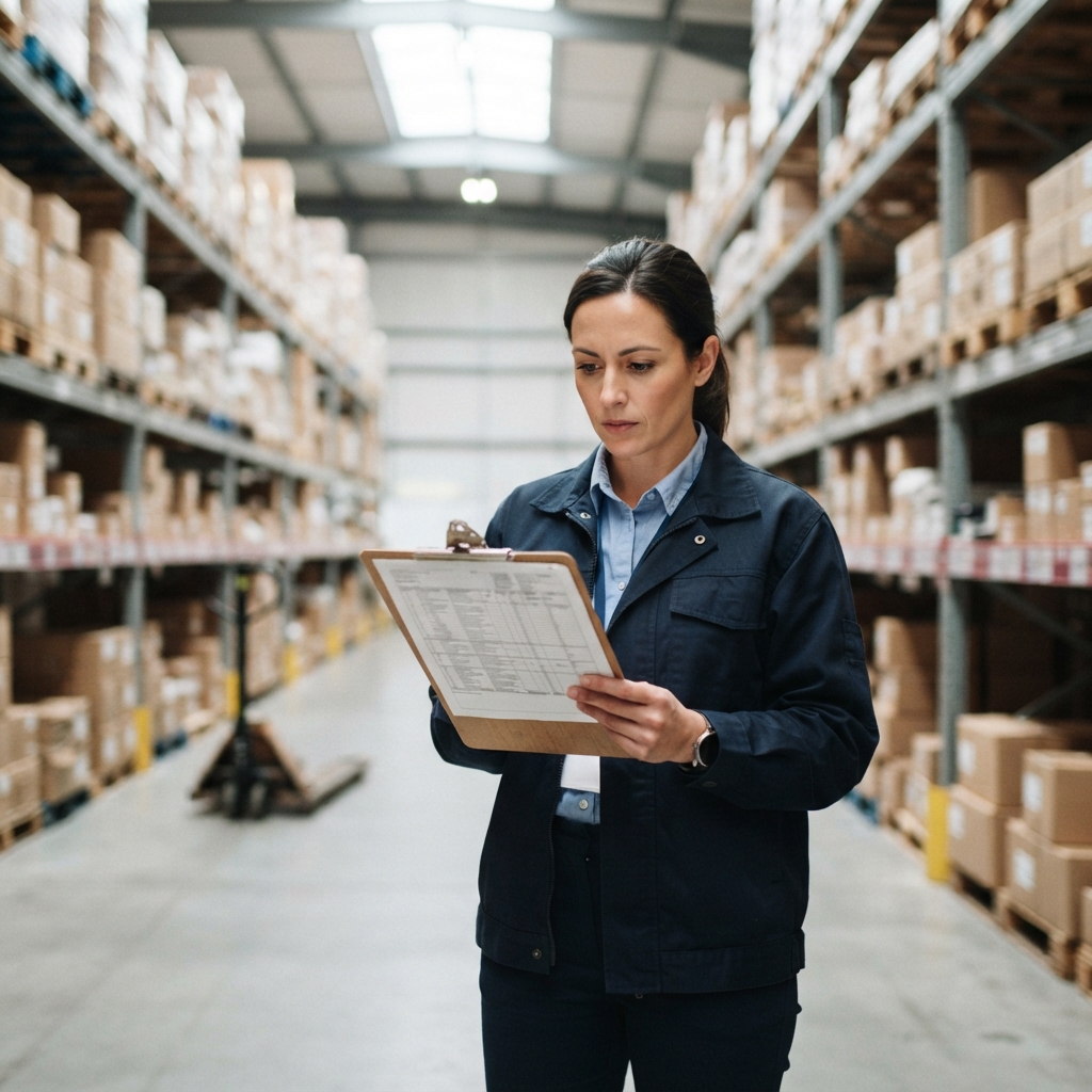 Operations lead reviewing shipping documents in a warehouse