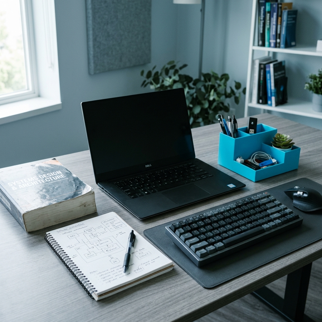 Engineer workspace with architectural sketches and documentation