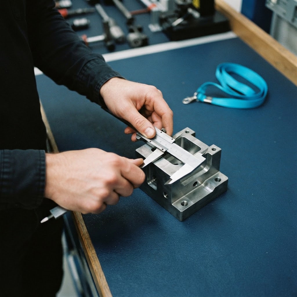Hands measuring a precision metal block on a desk