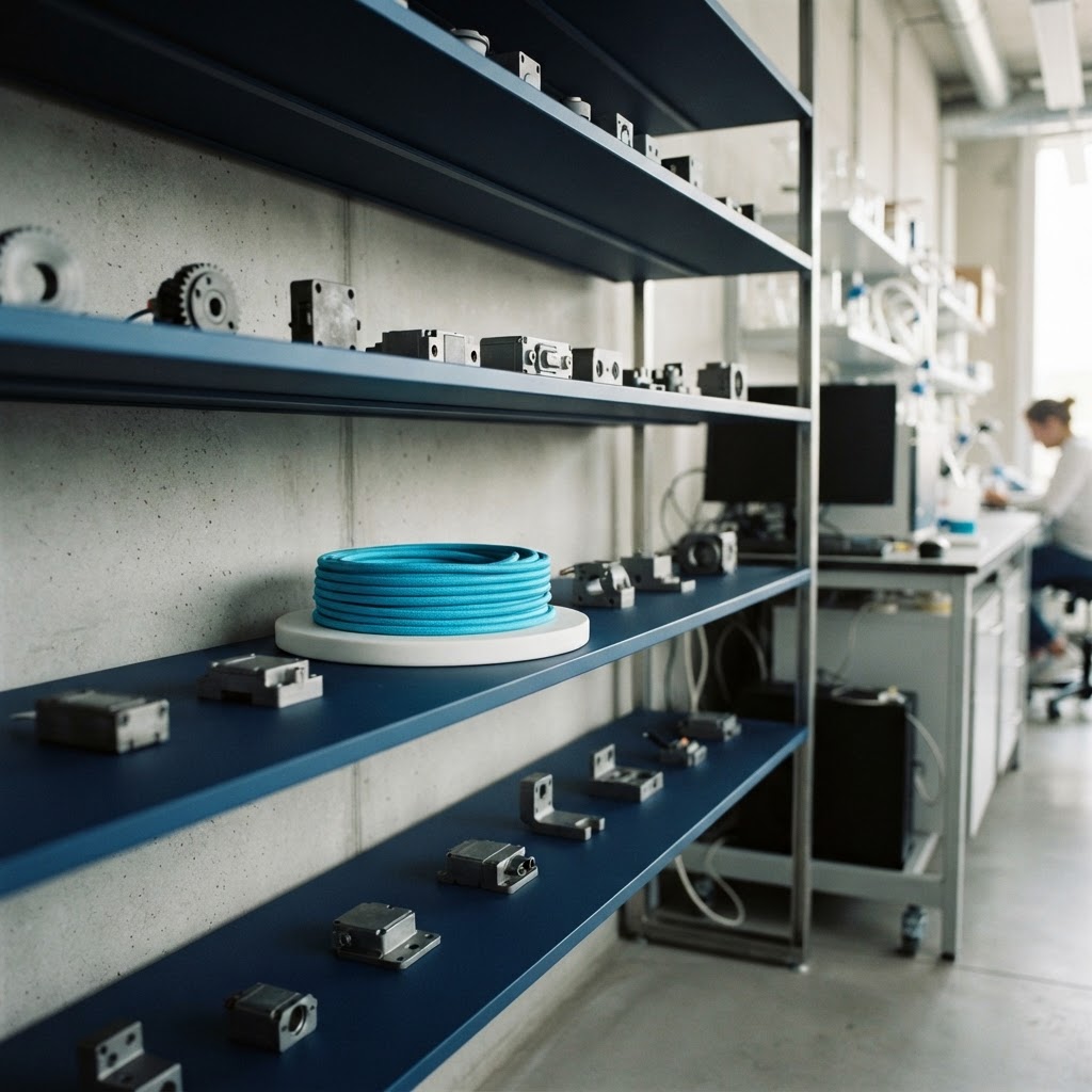 Minimalist shelves with organized hardware and coiled cable