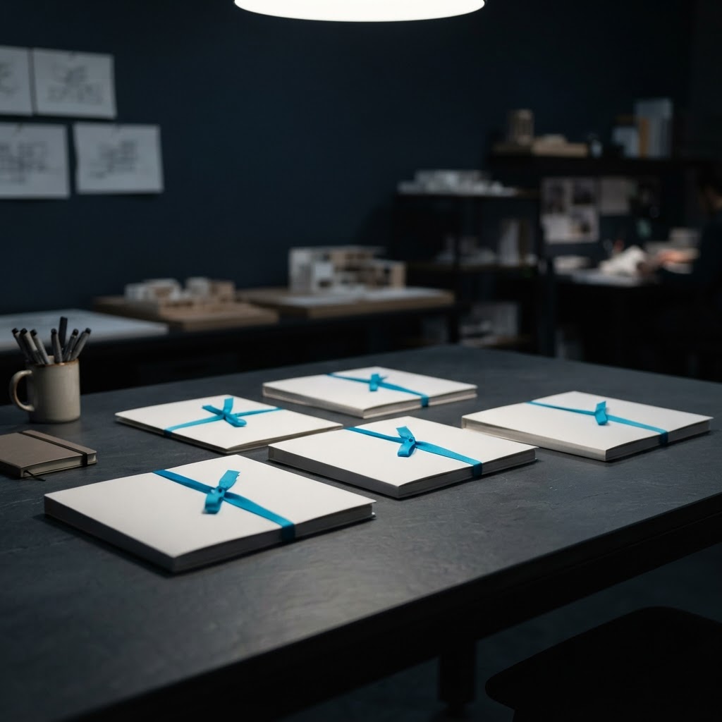 Closed paper portfolios bound with electric cyan ribbon