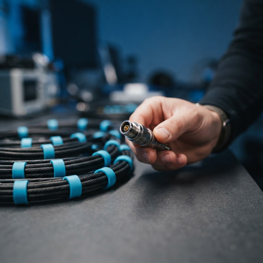 Metal connector pin and neatly organized cable bundles