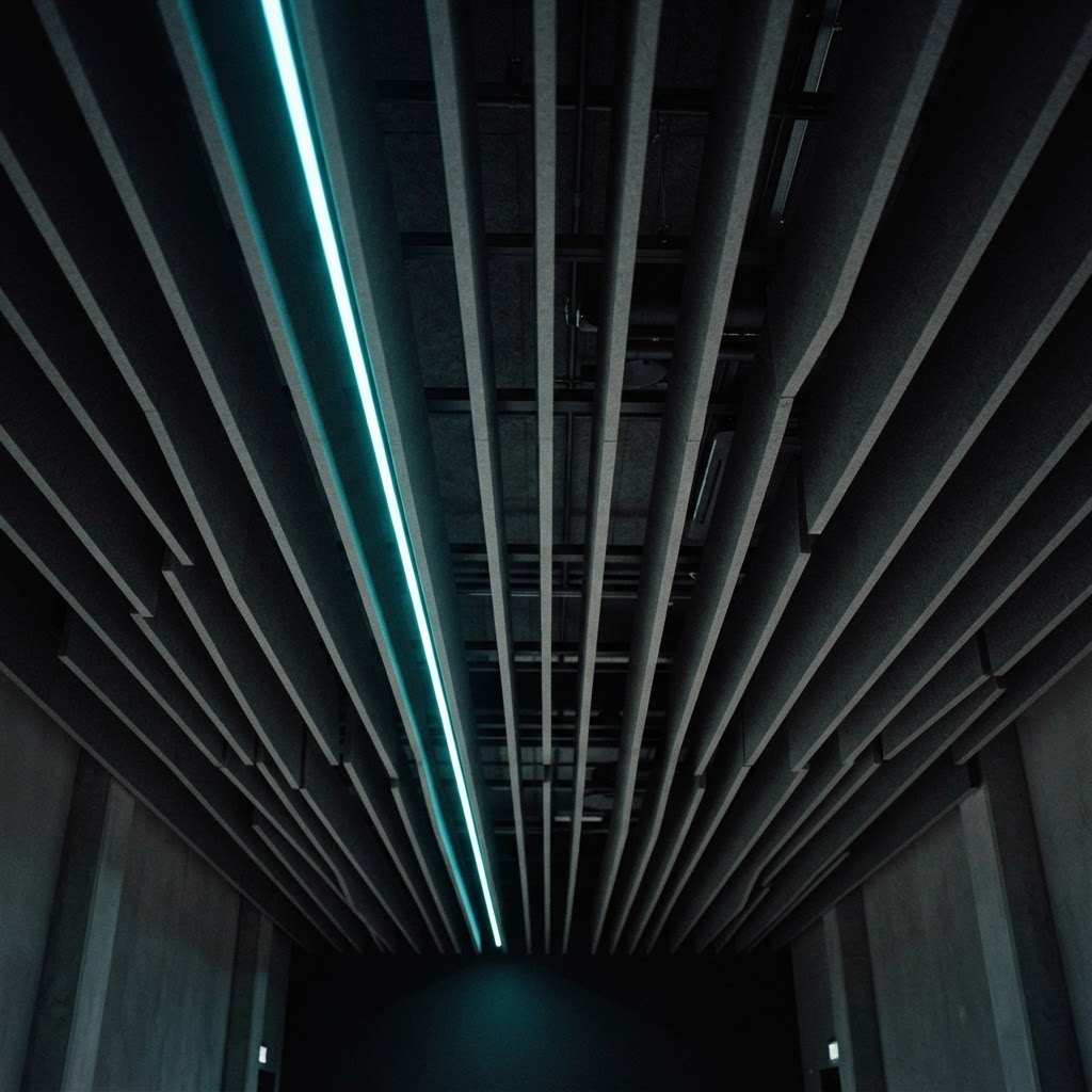 Repeating architectural ceiling baffles in a modern space