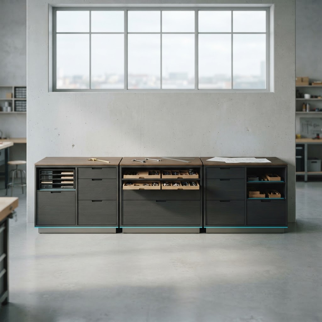 Three identical modular storage units aligned on a wall