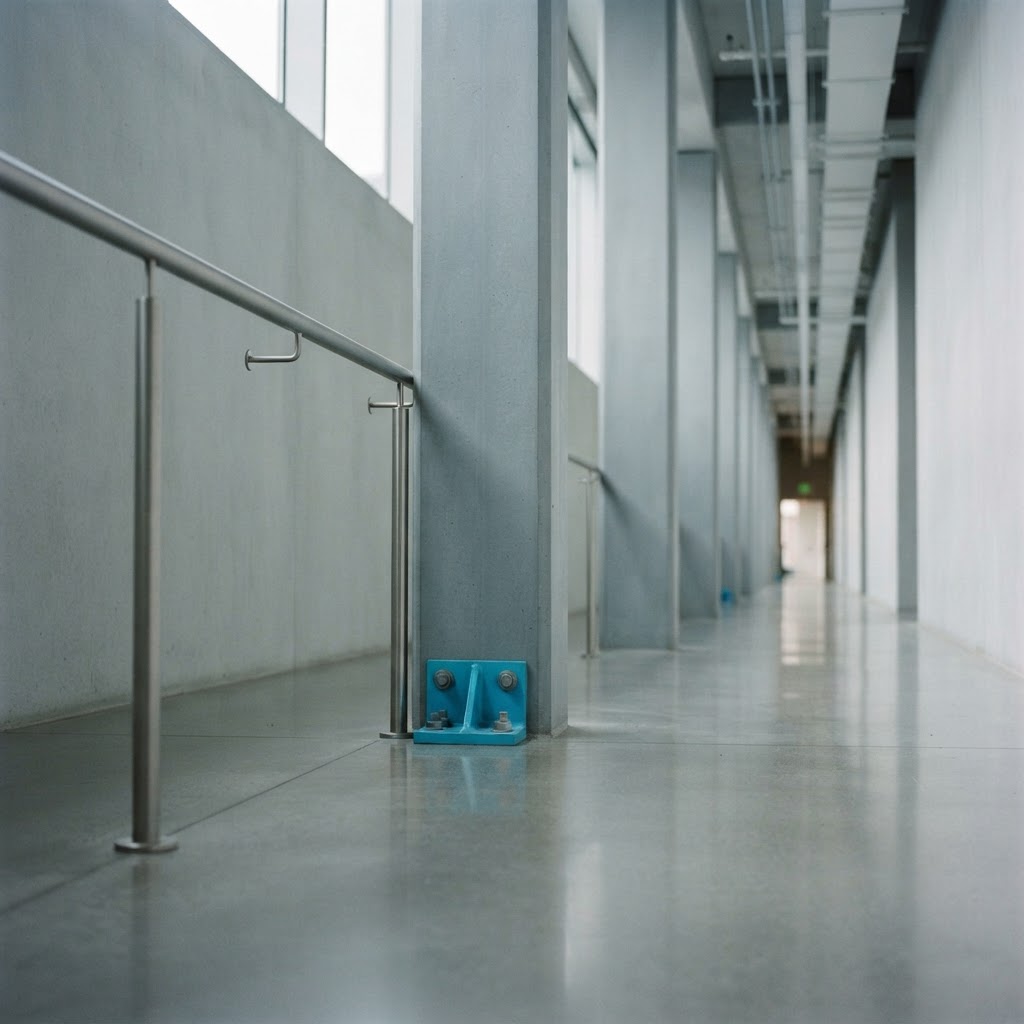 Minimalist architectural corridor with aluminum handrail