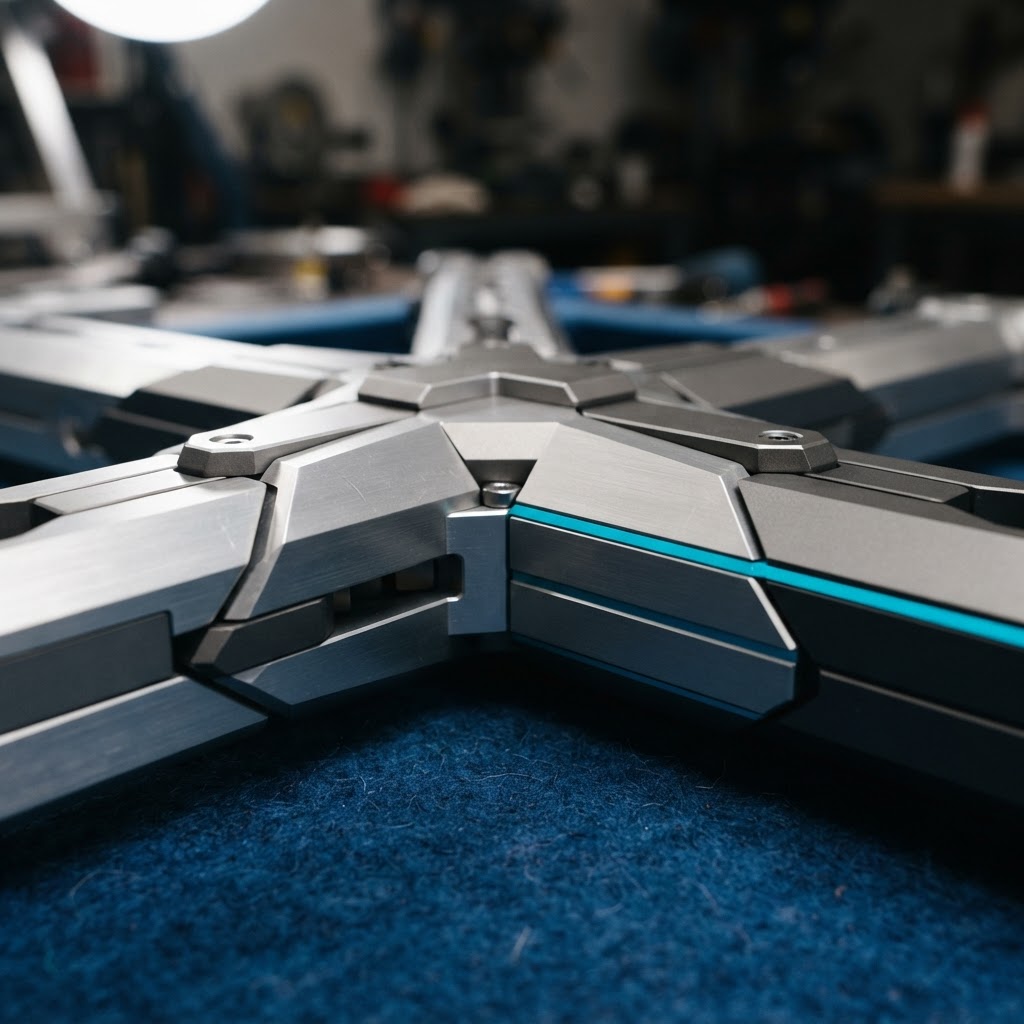 Modular metal junction piece on blue felt