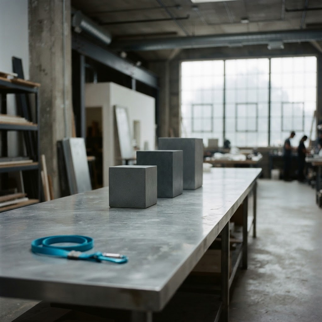 Three gray stone monoliths on a clean aluminum desk