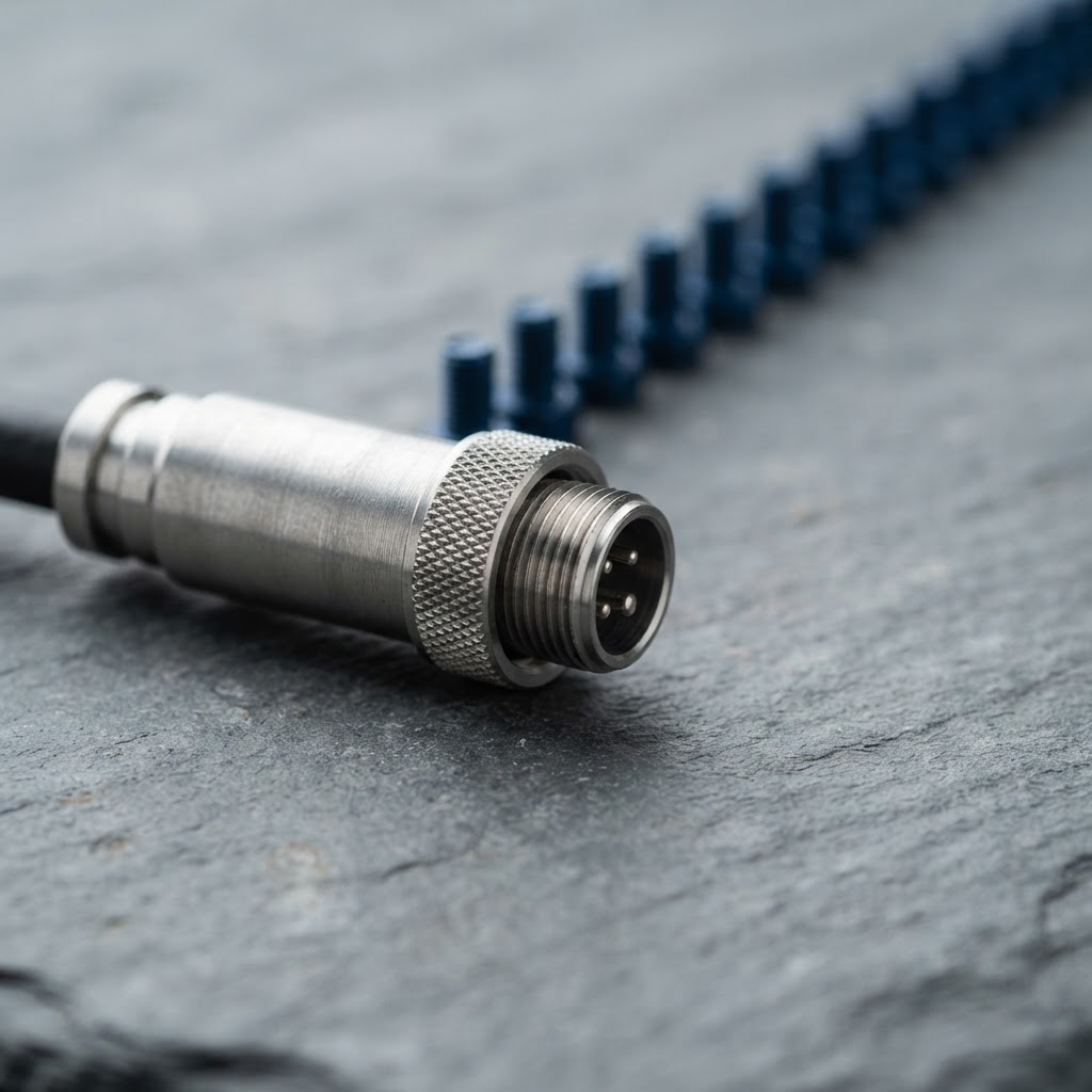 Close up of an aluminum cable connector with a row of small blue hexagonal fasteners in the background