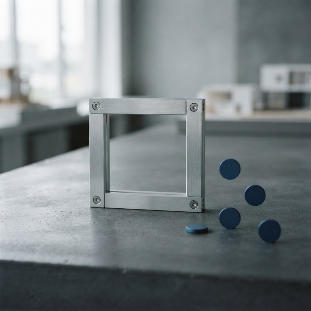 Eye level shot of rigid aluminum brackets near scattered independent blue metal tokens