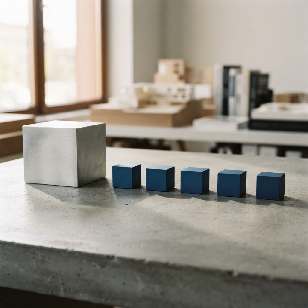 Minimalist concrete desk featuring a single large aluminum block and five small deep blue metal cubes