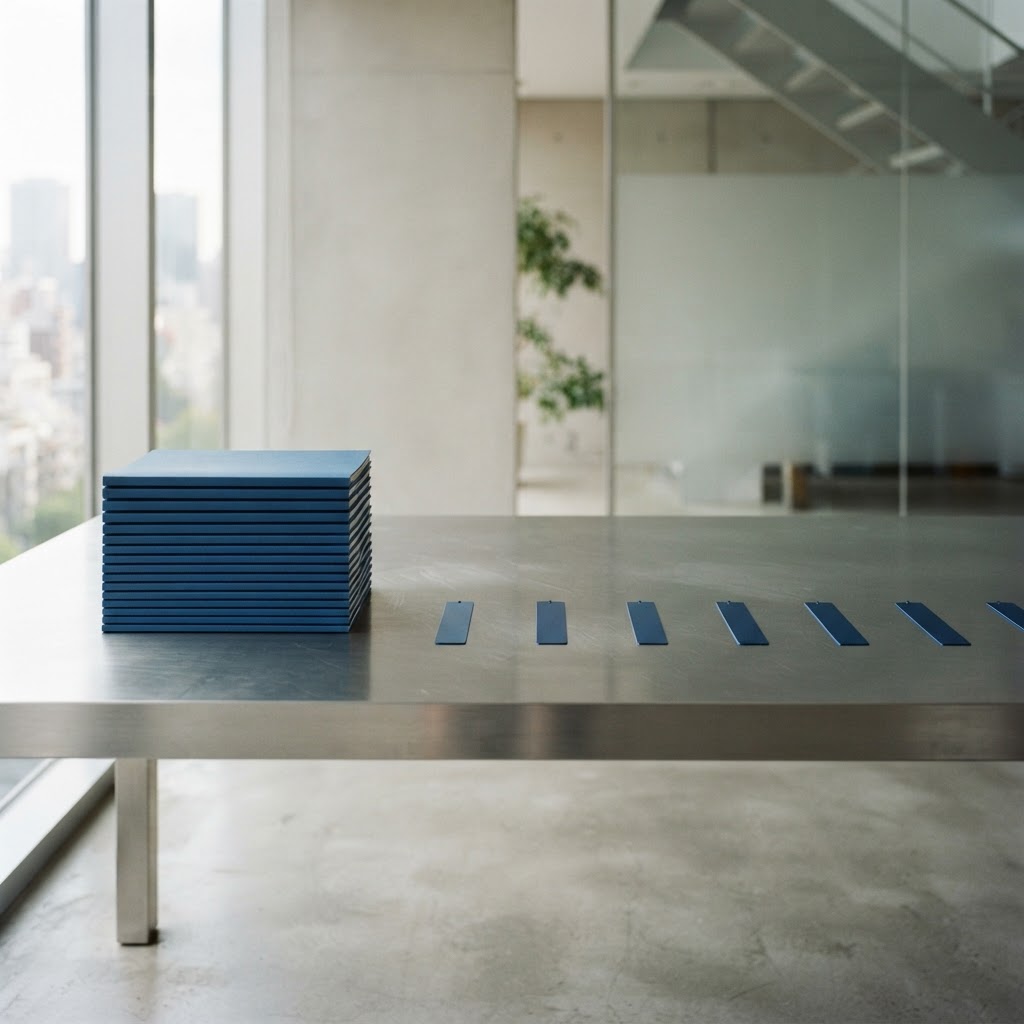 Wide view of a minimalist office table with a stack of blue folders and separate metallic bookmarks