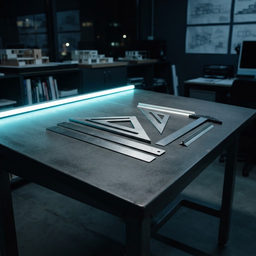 Brushed aluminum measuring tools arranged on a gray table