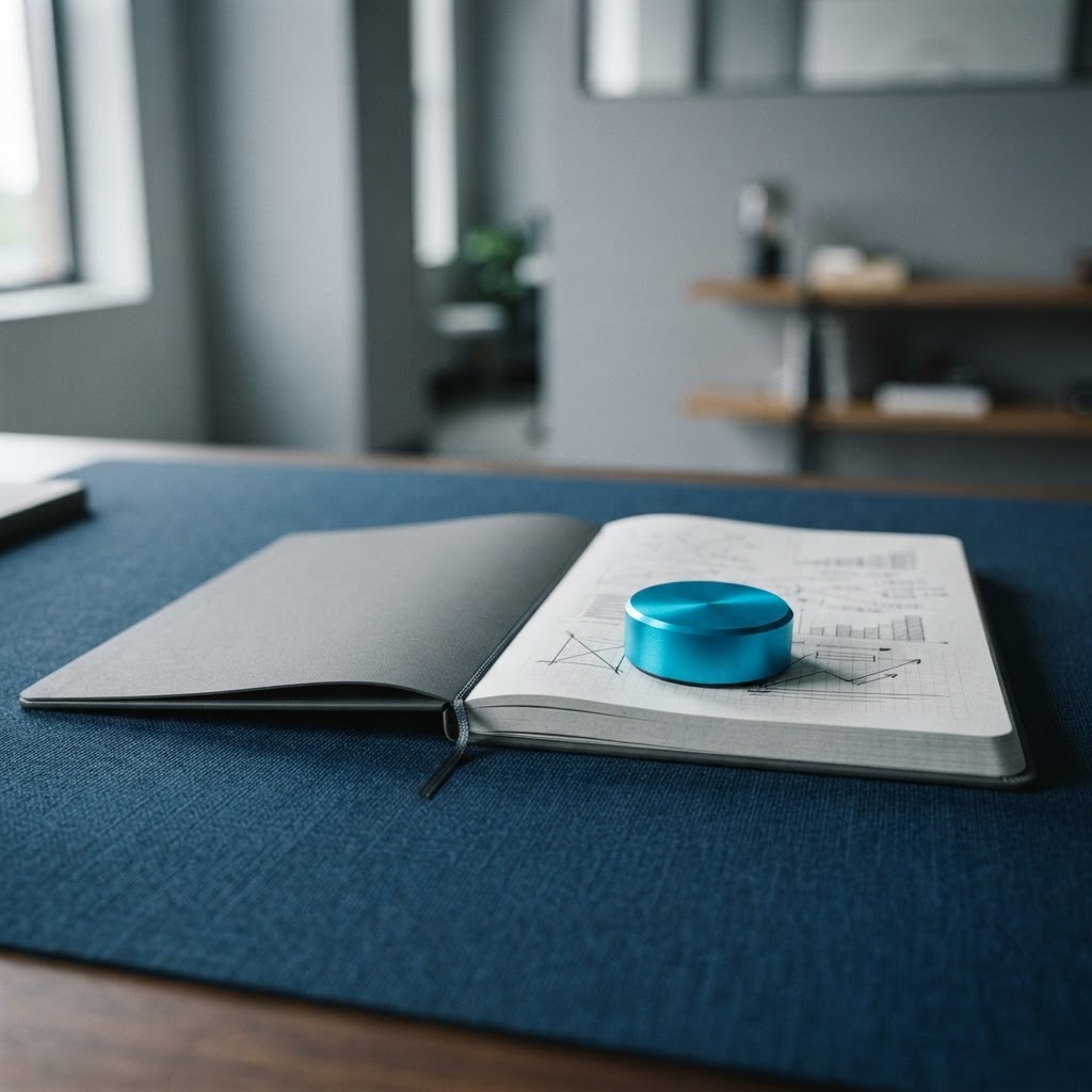 Matte gray planning notebook with electric cyan paperweight on desk