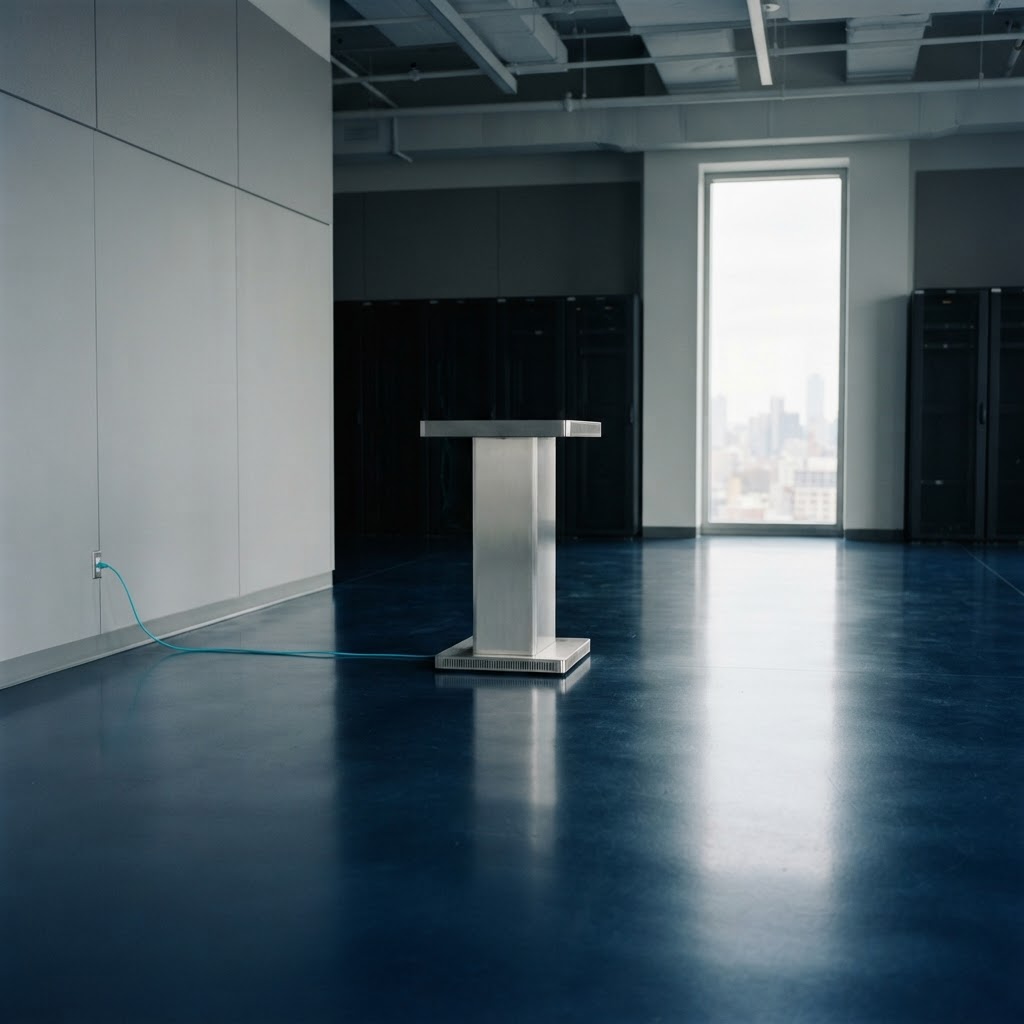 Minimalist server room with brushed aluminum pedestal