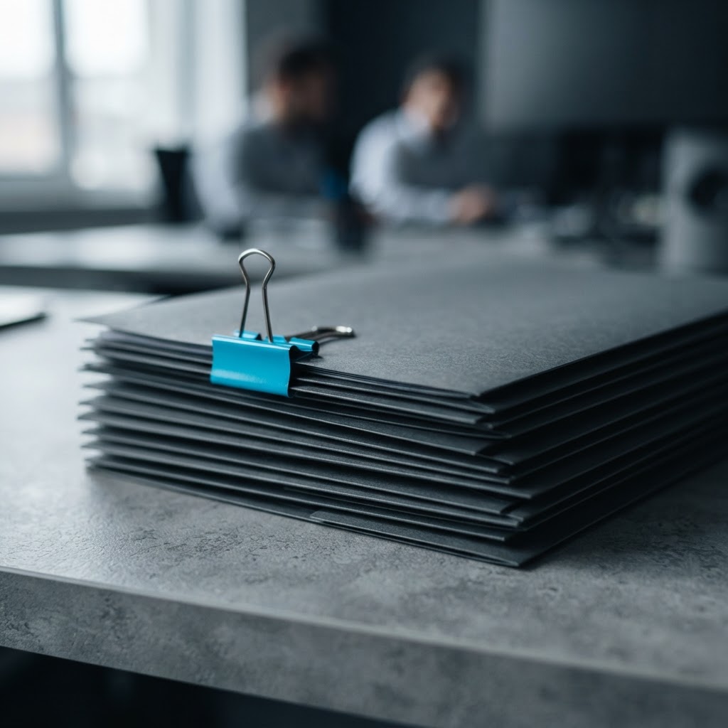 Stack of gray folders secured with a cyan clip
