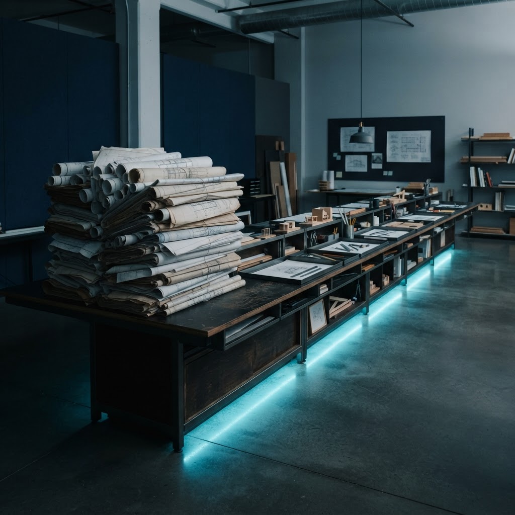 Minimalist desk showing organized small modules versus one large stack