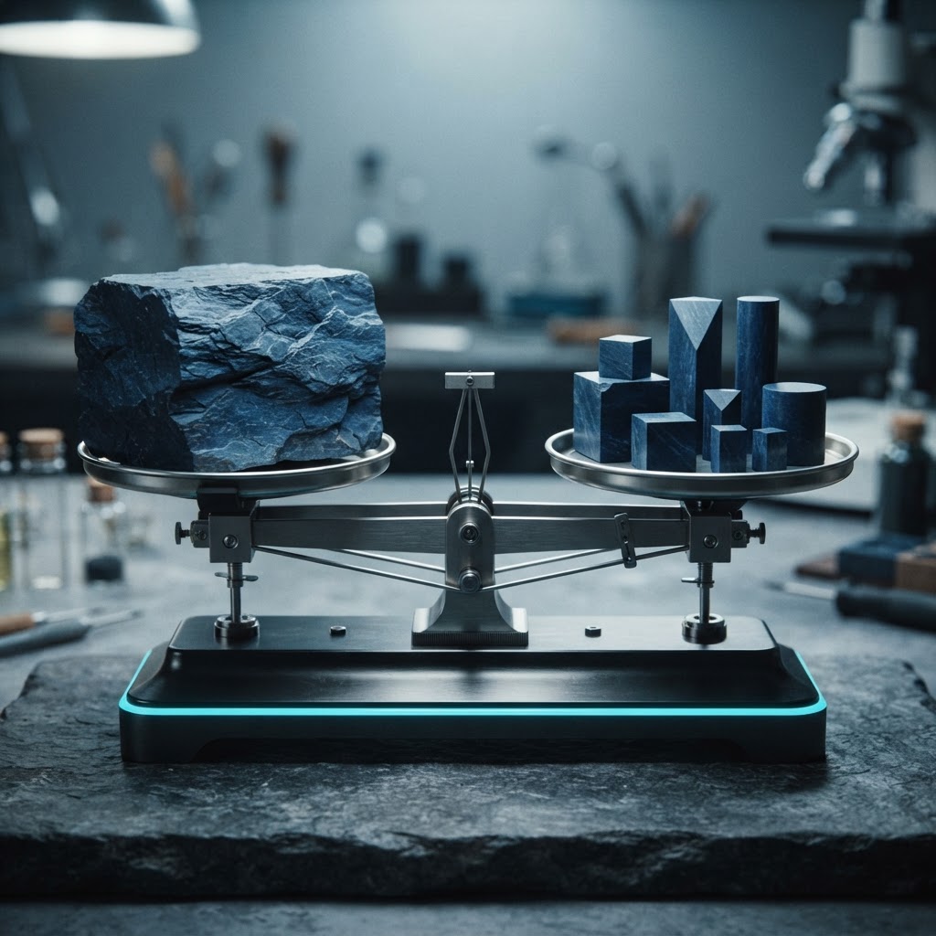 Precision scale comparing a solid block with smaller components