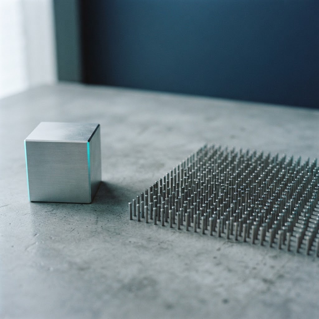 A single large metal block alongside a complex grid of tiny metal pegs
