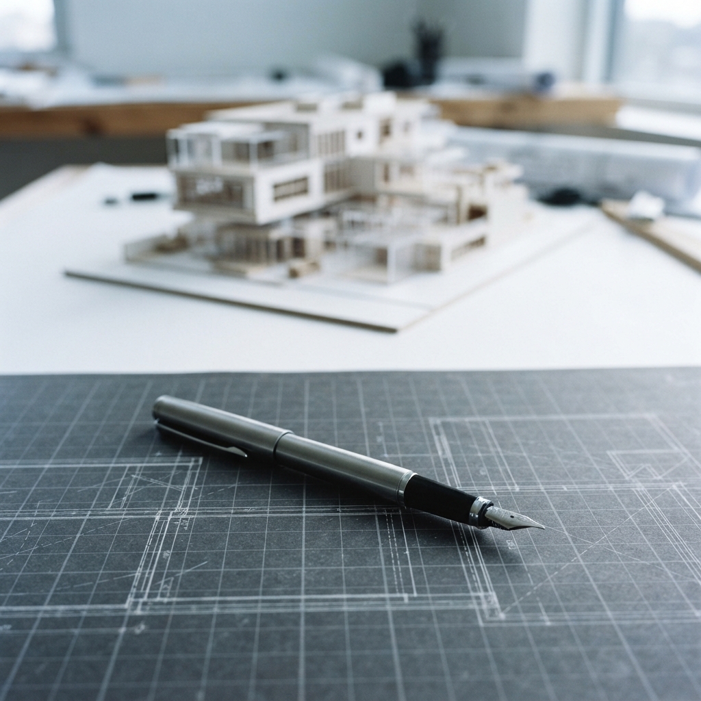 Detailed shot of stationery and structural planning materials