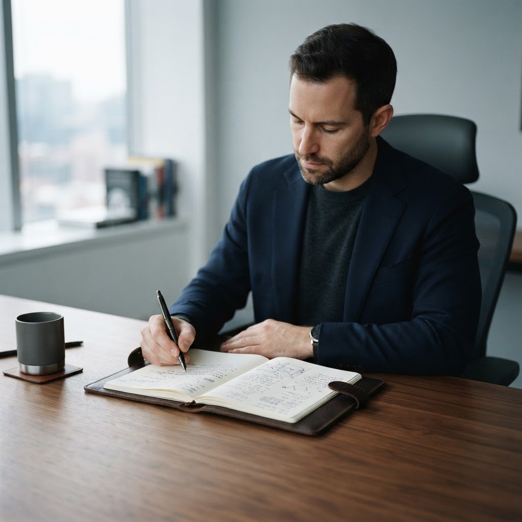 Founder planning project budget in a notebook