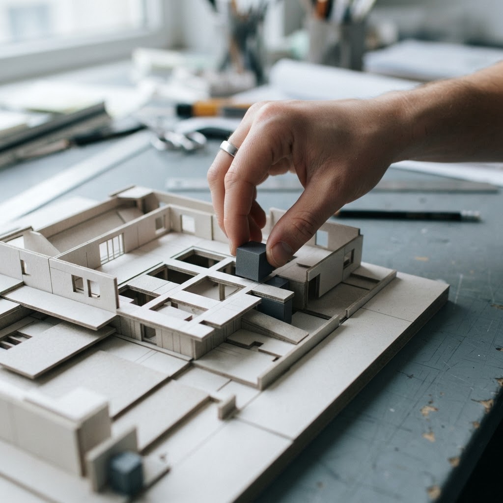 Hands working on a physical model for project planning