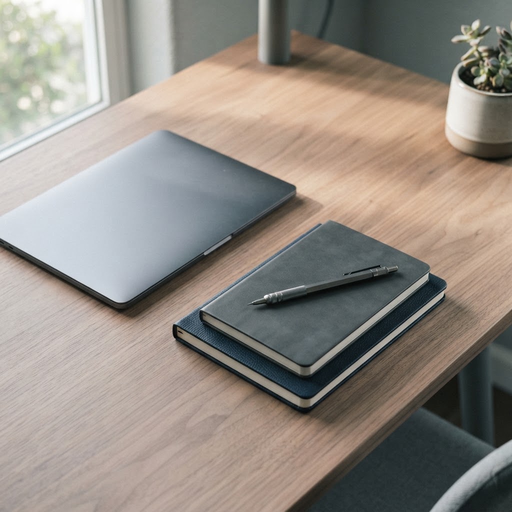 Minimalist desk setup with closed laptop and planning notebooks