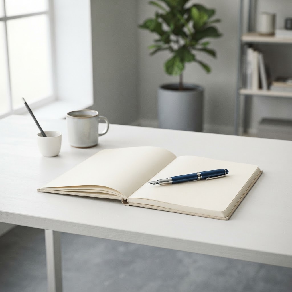 A high-end pen and an empty notebook on a desk