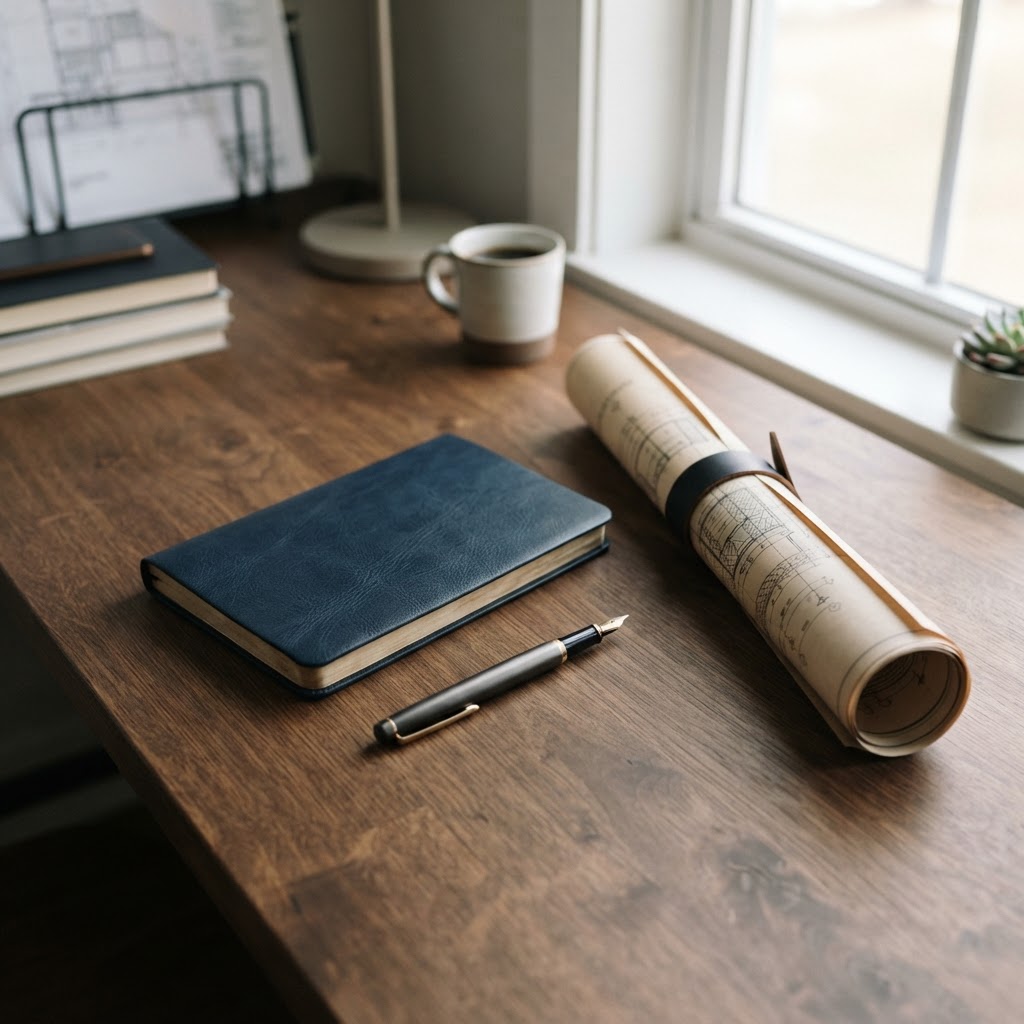A minimalist desk workspace with a notebook and blueprints