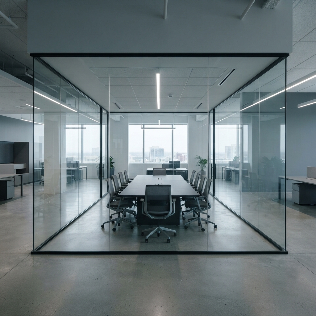 An empty modern conference room with glass walls