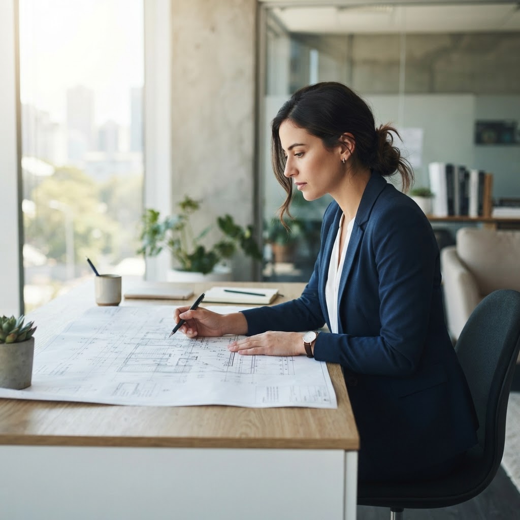 Founder reviewing project plans at a clean desk