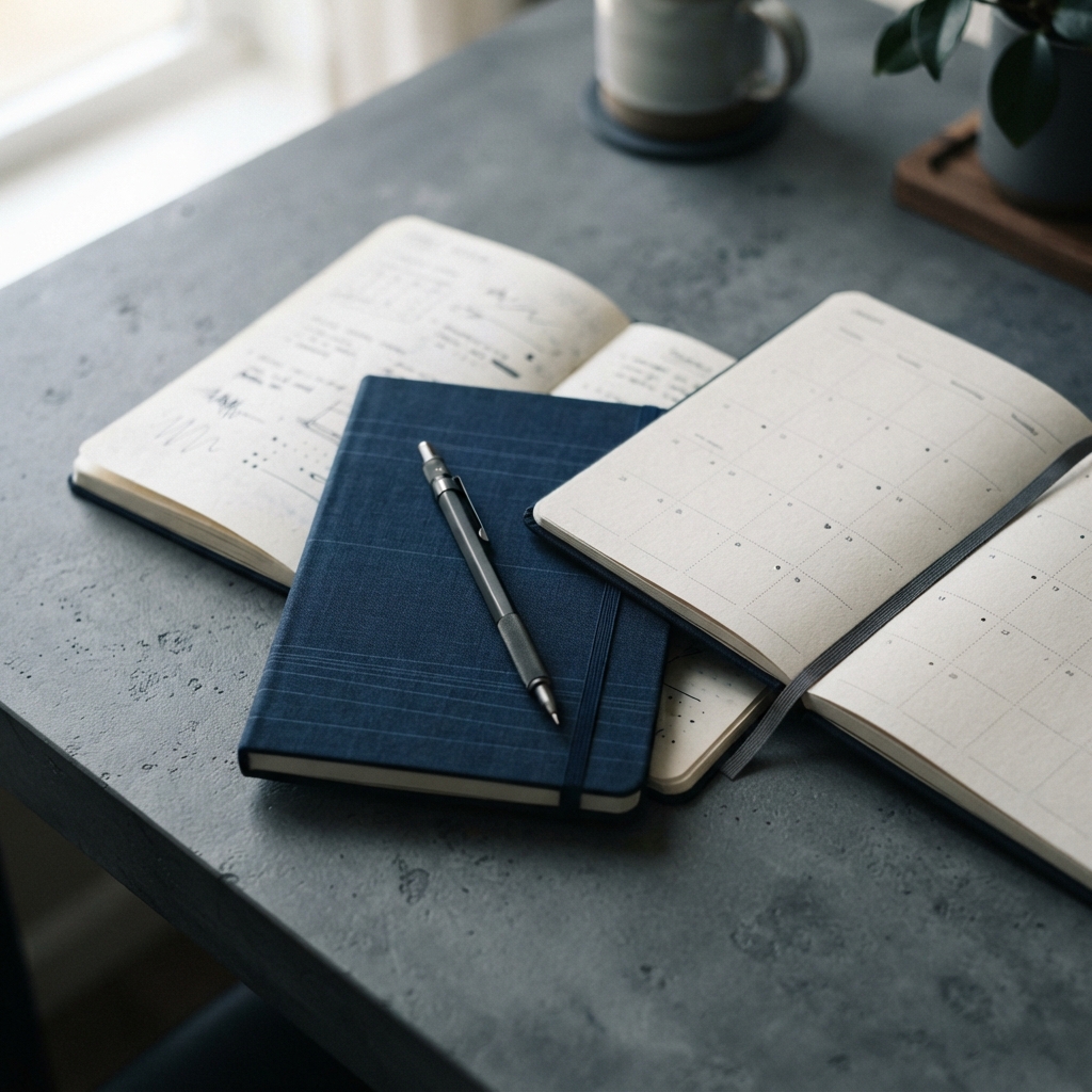 Organized workspace with paper notes and calendar