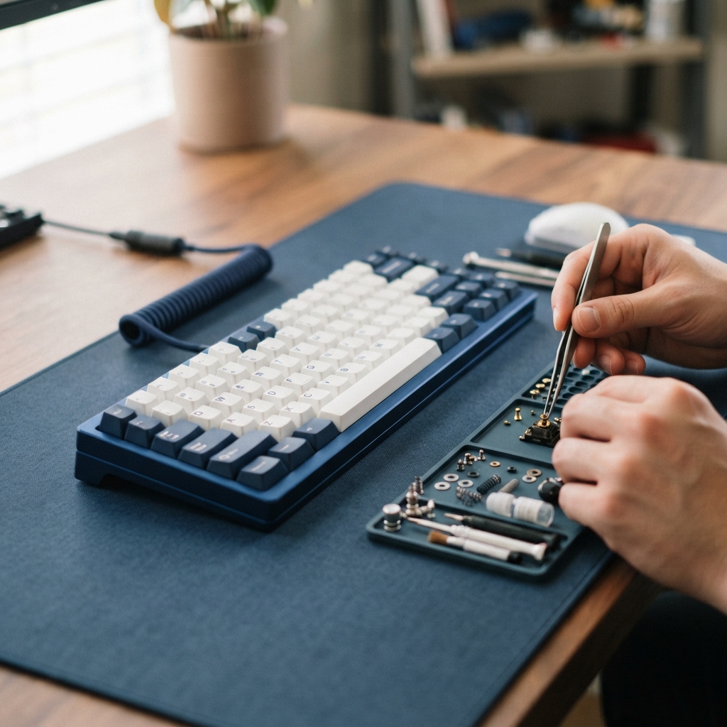 Close up of engineering tools and hardware on a desk