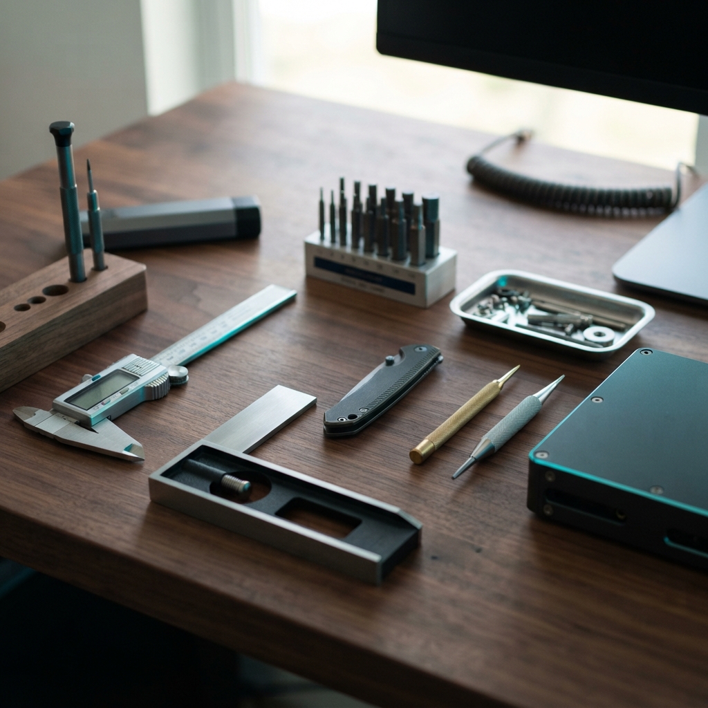 A clean and organized modern workspace detail