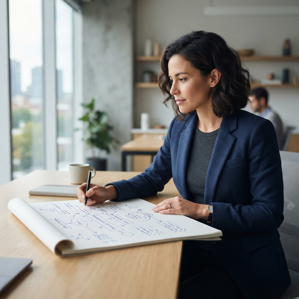 A founder planning a product roadmap on a notepad