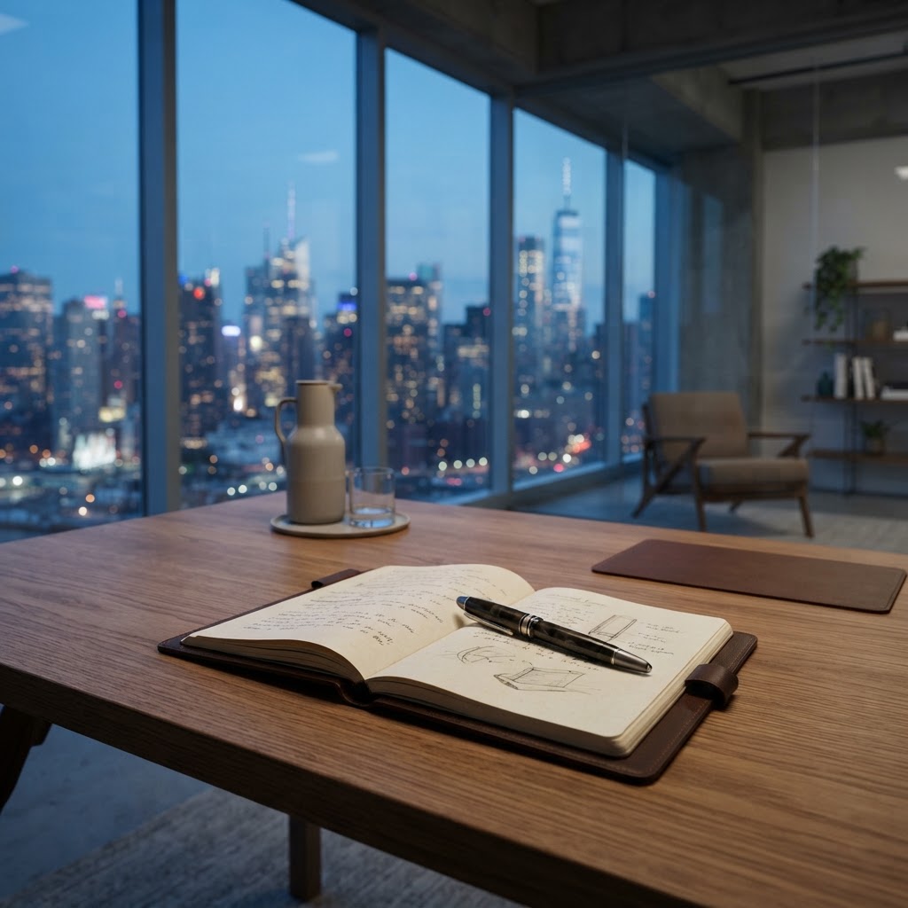 Clean minimalist office desk setup at dusk