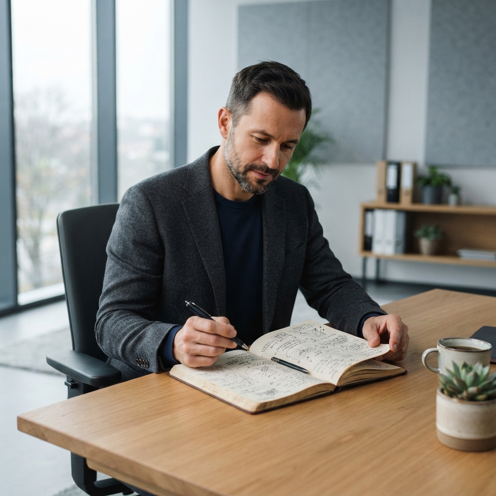 A founder reviewing project notes in a modern office