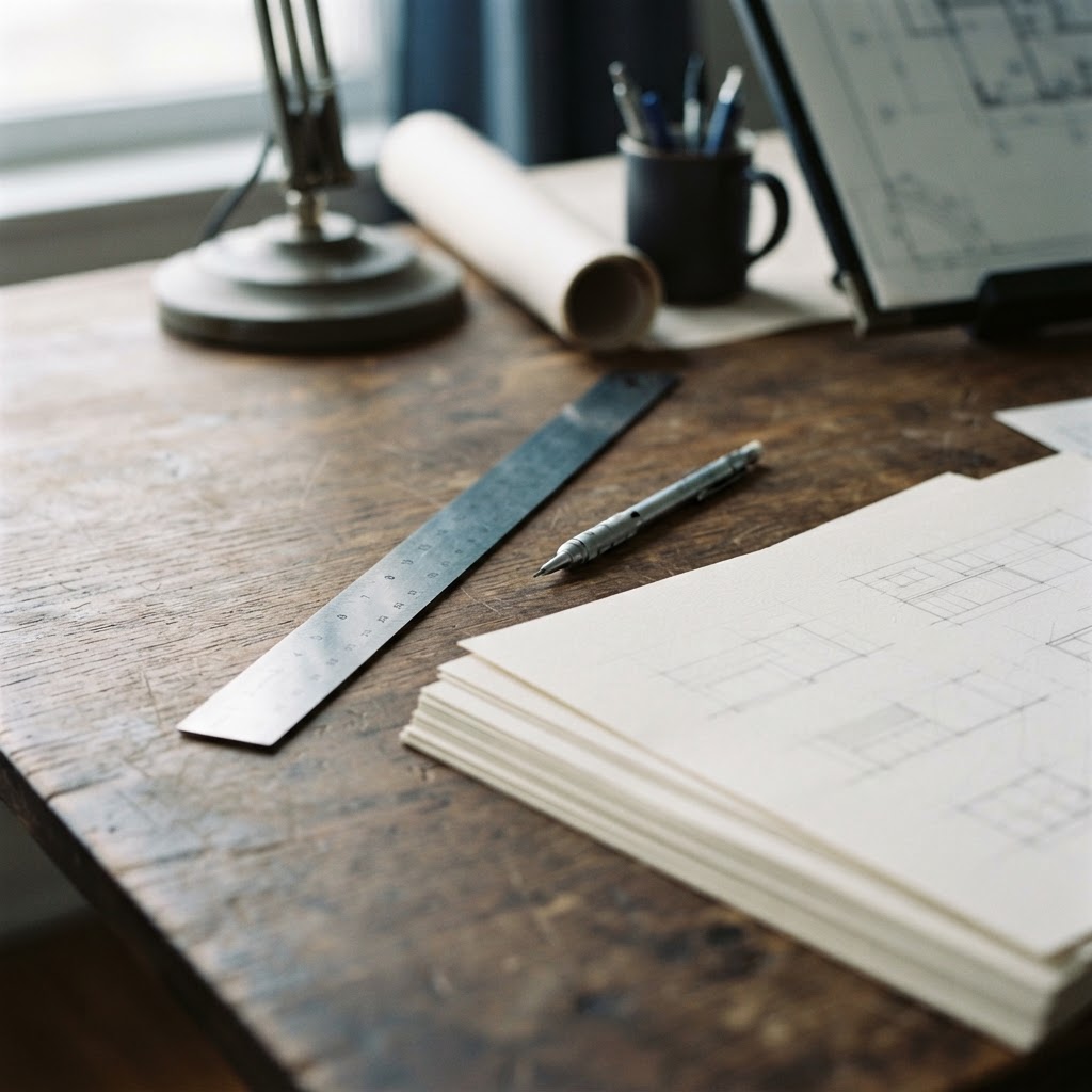 Architectural drafting tools on a minimalist desk