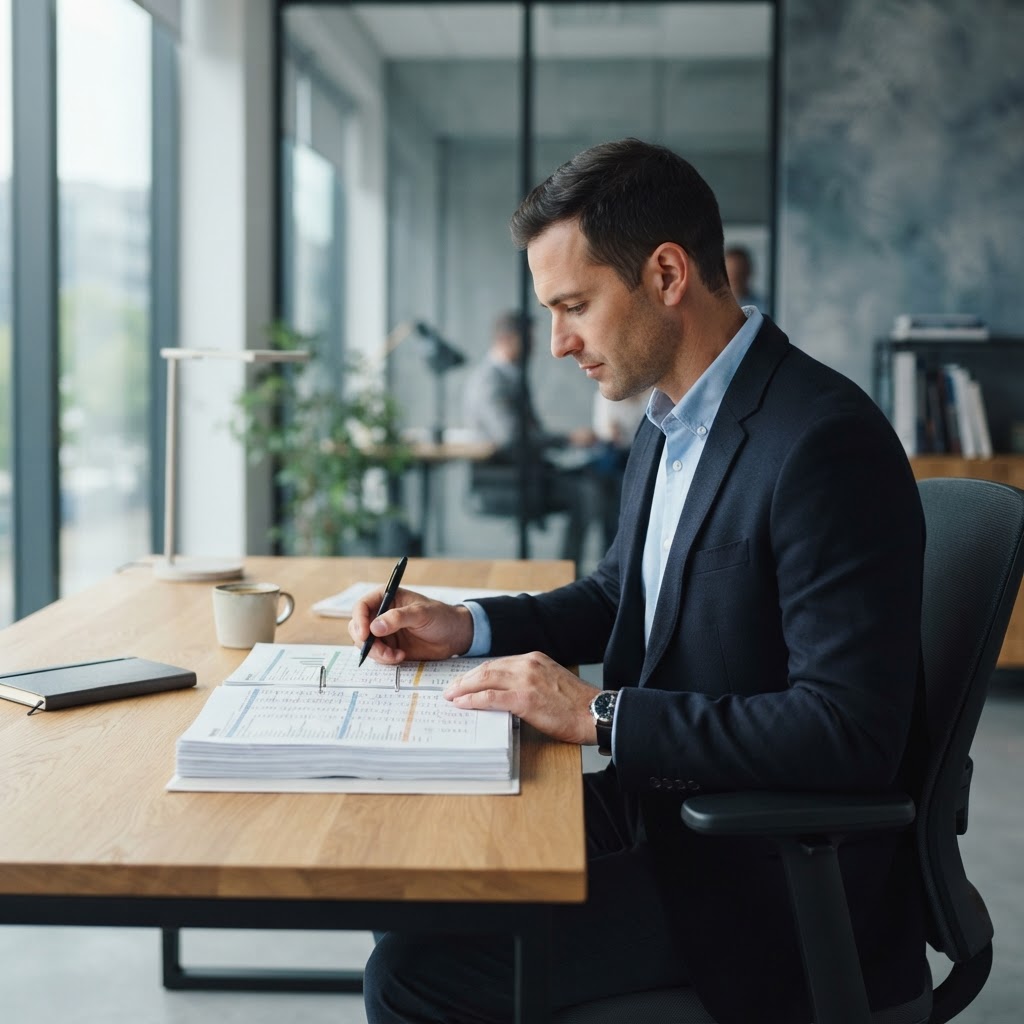 A product manager reviewing financial budget documents