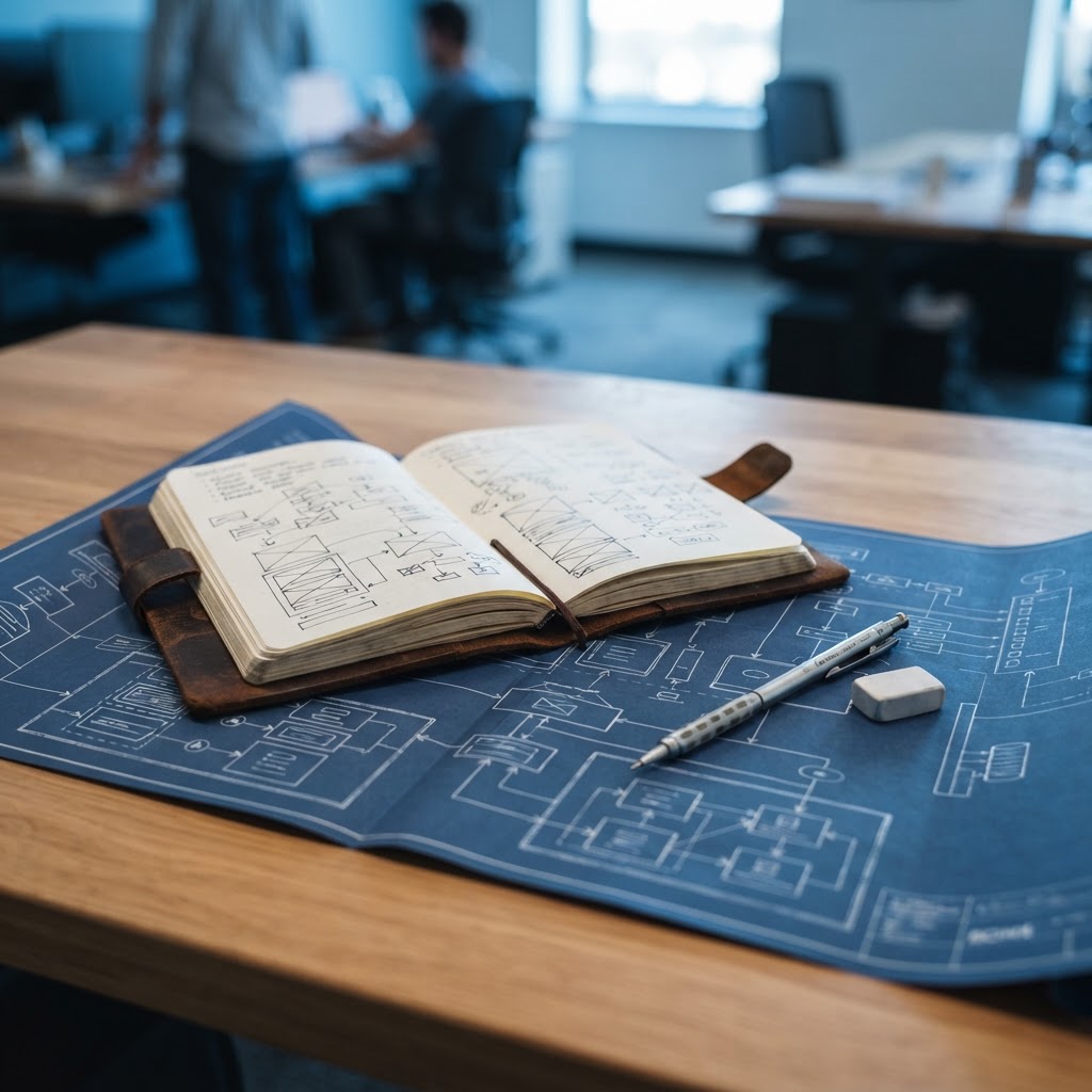 Professional planning tools and blueprints on a desk