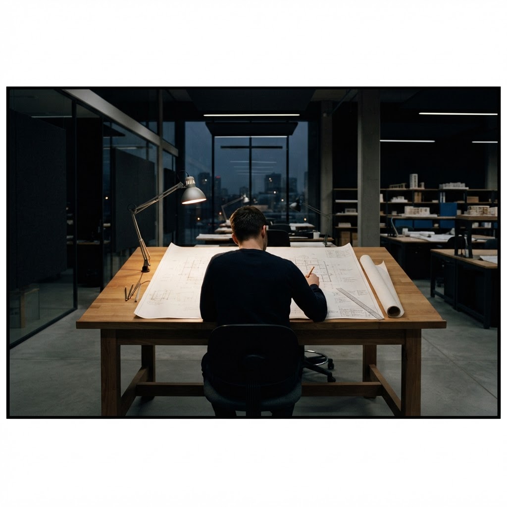 Engineer reviewing technical schematics in a modern workspace