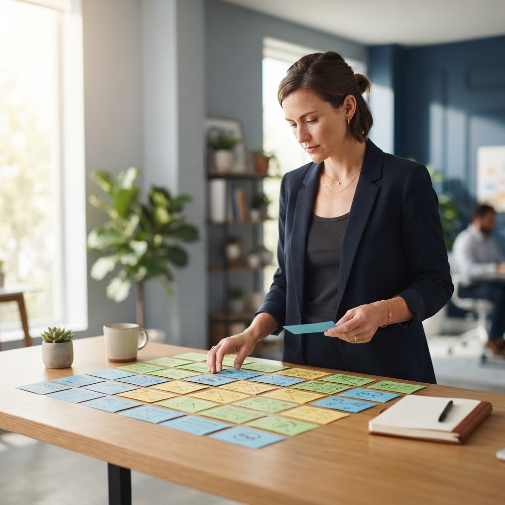 Founder organizing project requirement cards on a clean desk