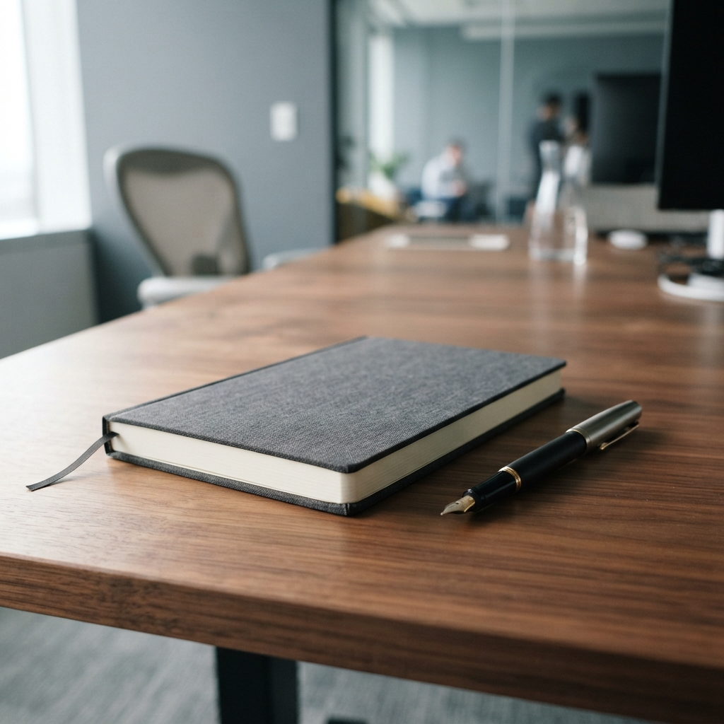A notebook and pen on a clean office desk
