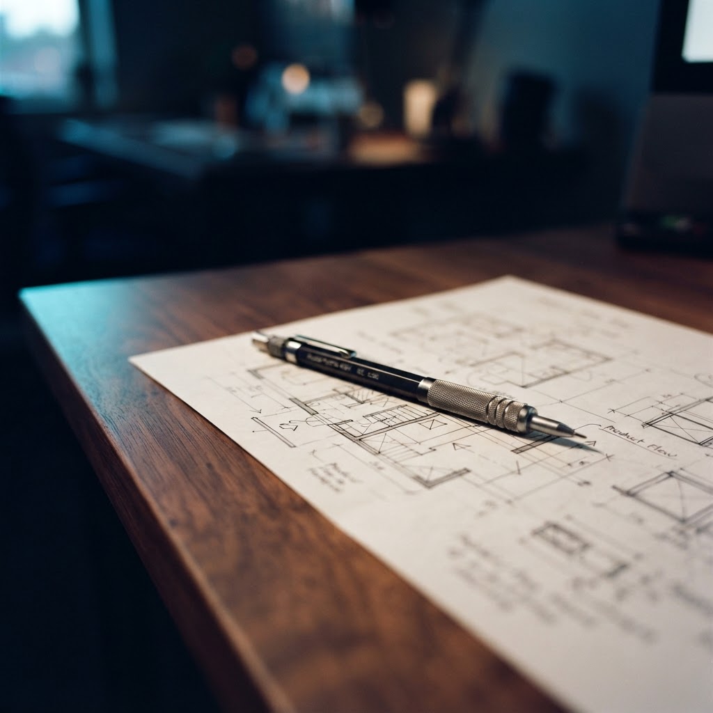 Technical product development sketches on a wooden desk