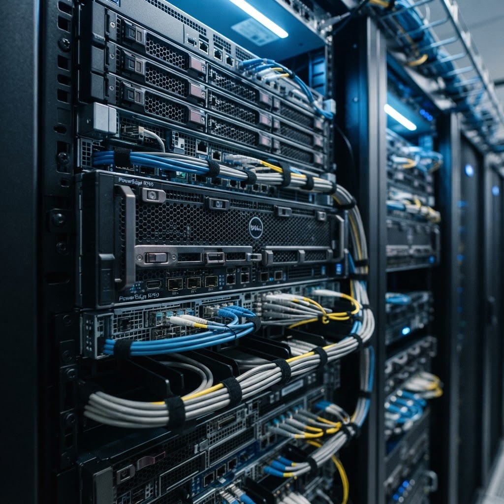Detailed shot of sleek server rack hardware in a data center