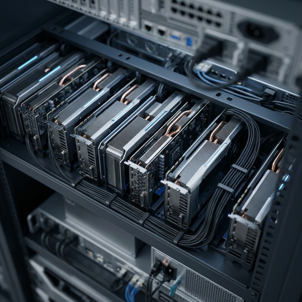 GPU server rack with precision engineering and blue lighting