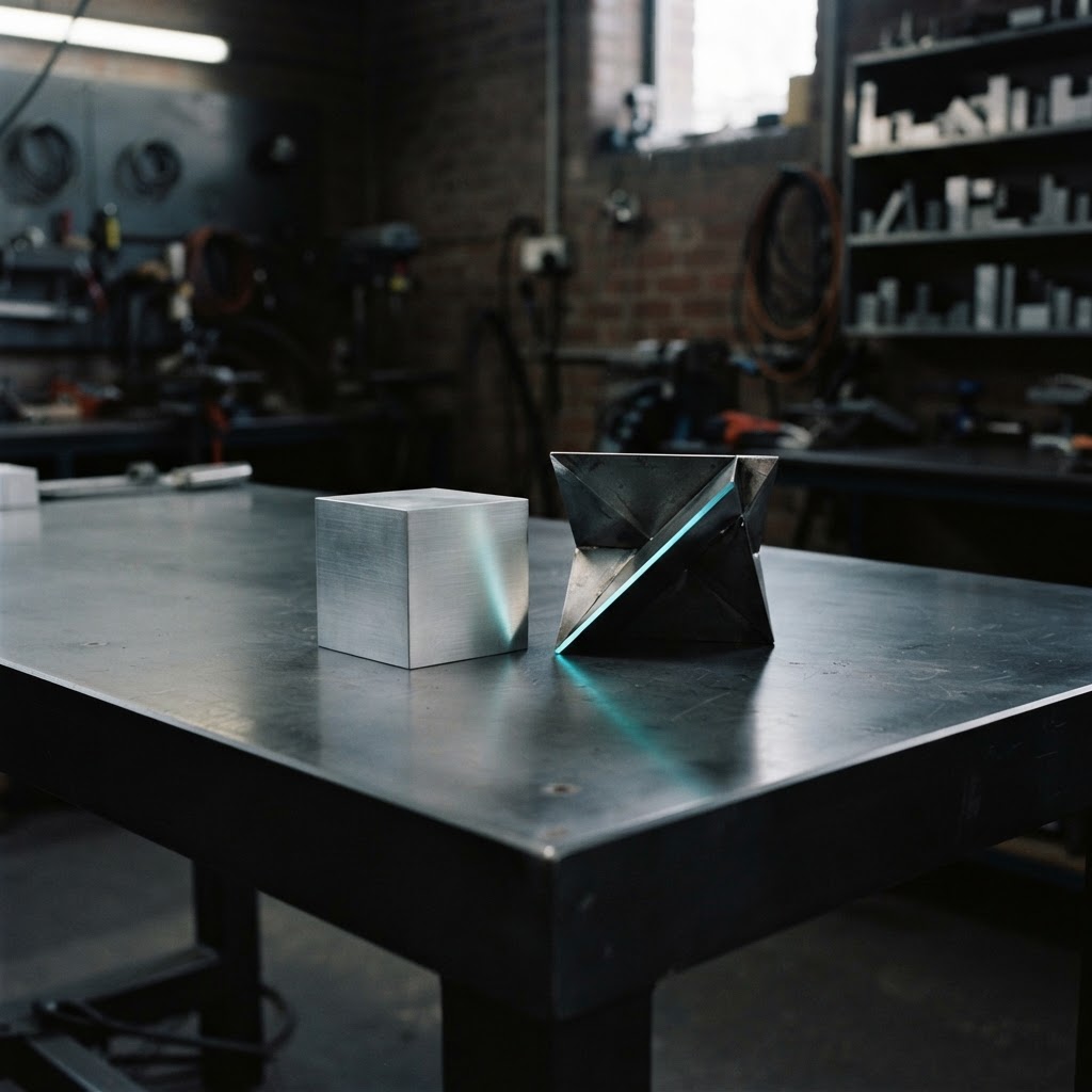 Geometric metal objects on a minimalist workspace table