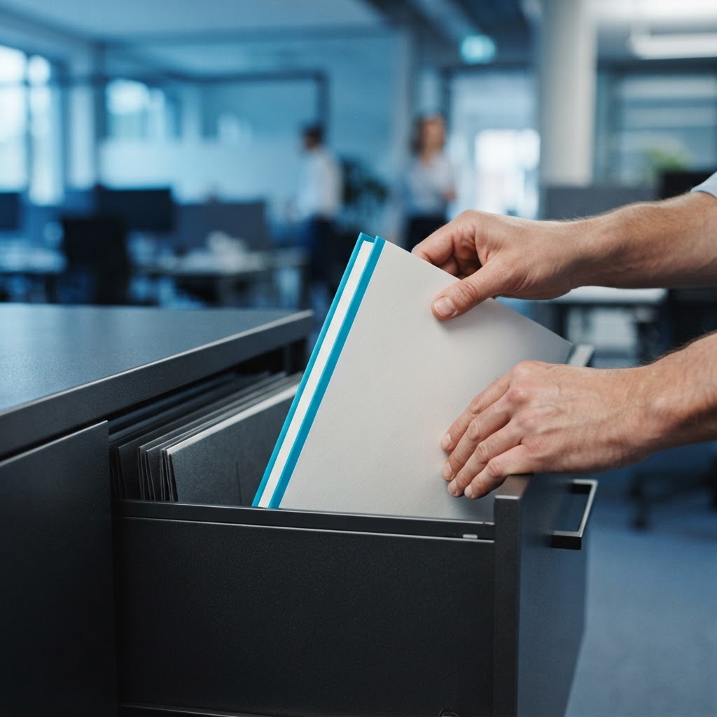 Hands placing a document folder into a file cabinet